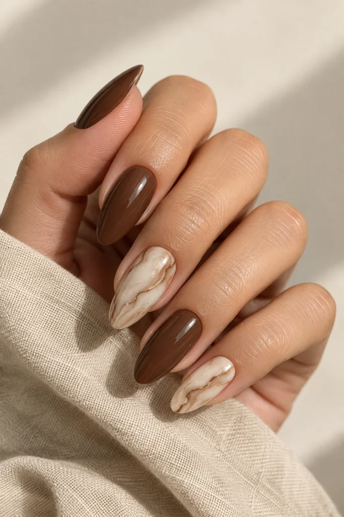 Chocolate brown marble nails with creamy swirling veins