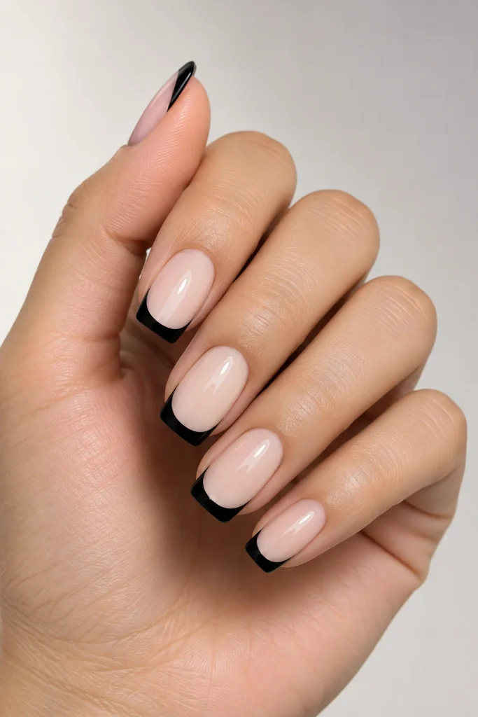 French manicure with elegant black tips for black dress