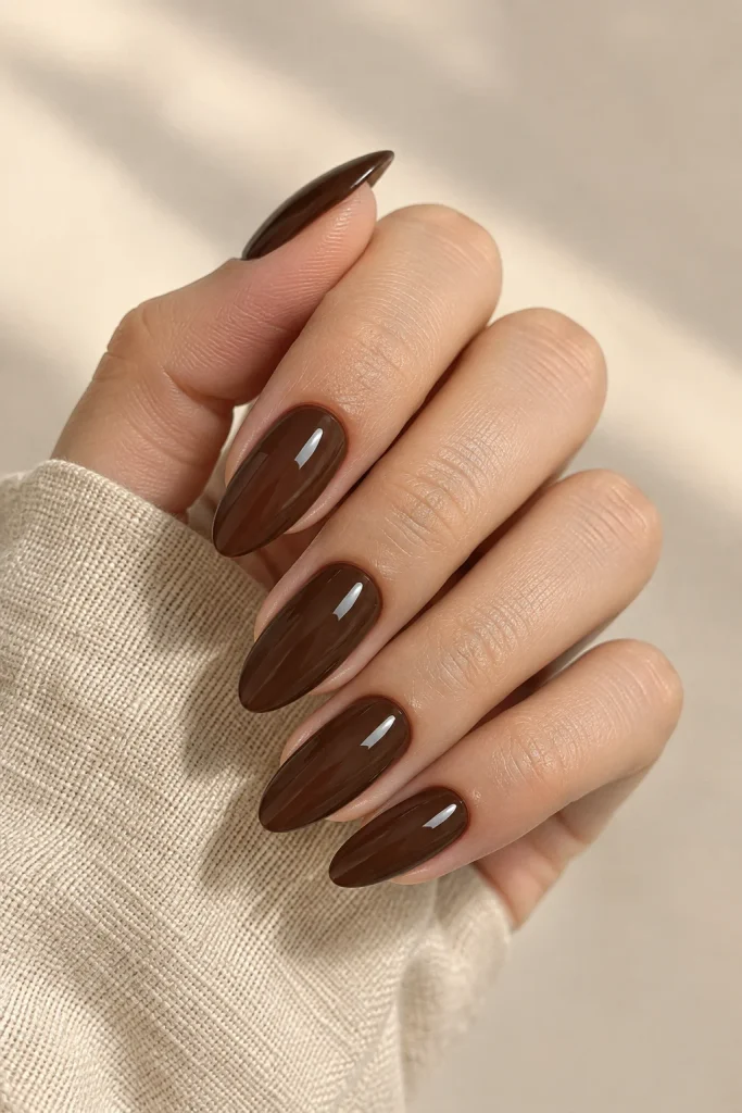 Classic glossy chocolate brown almond nails