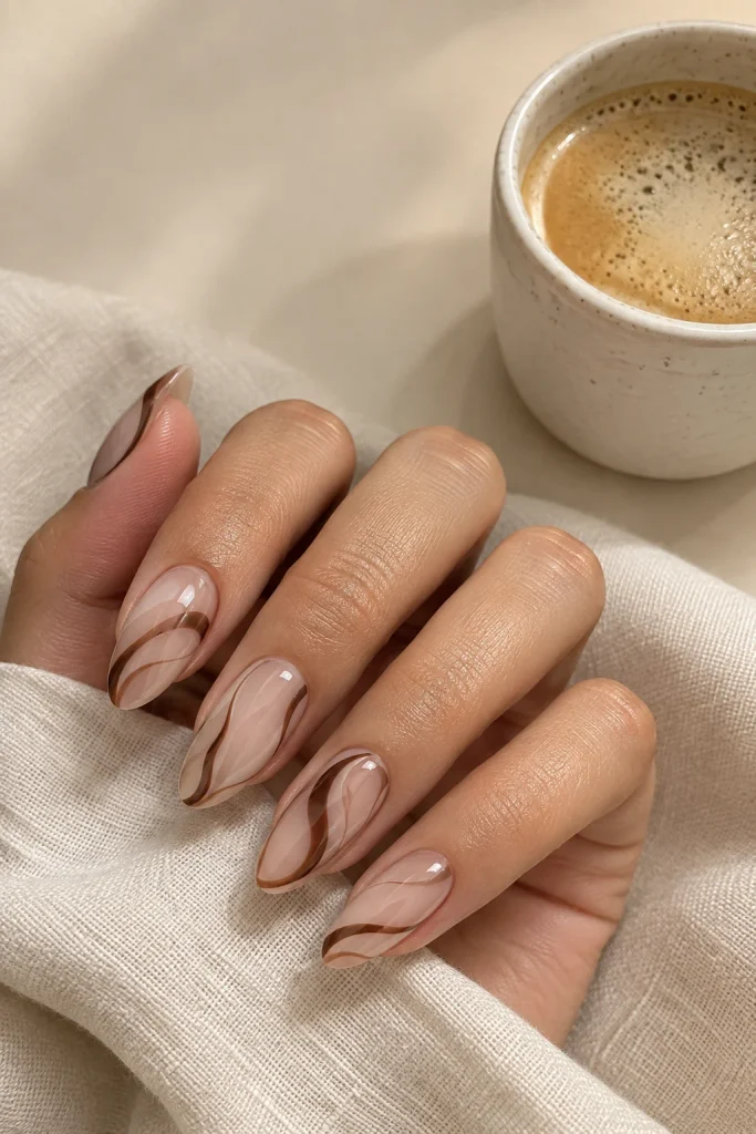 Classic brown swirl nails with mocha ribbons over latte base