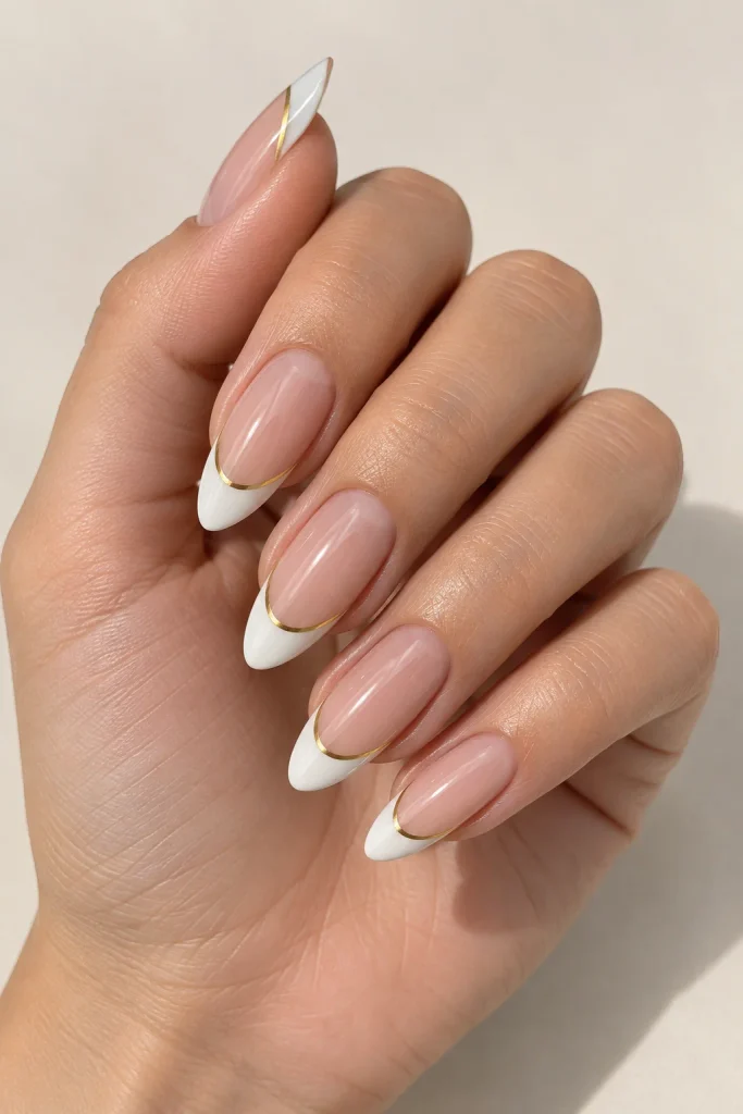 Classic white French tips with nude base and gold line