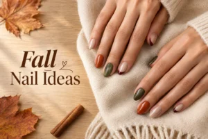 Classy fall nail ideas in warm brown, burgundy, and autumn shades