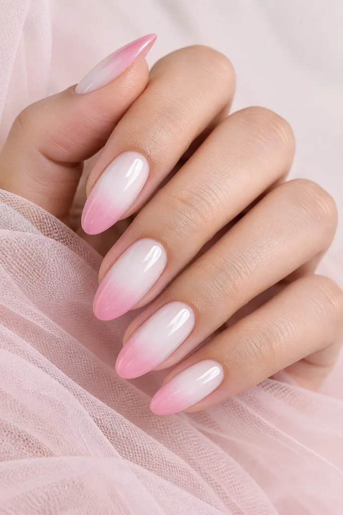 Cloud white nails with soft pink ombre tips