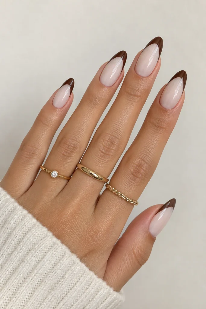 Cocoa brown French tips on milky white nails