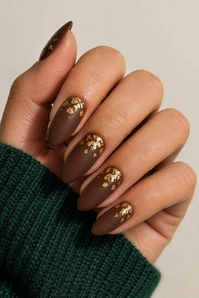 Matte cocoa almond nails with delicate gold foil accents
