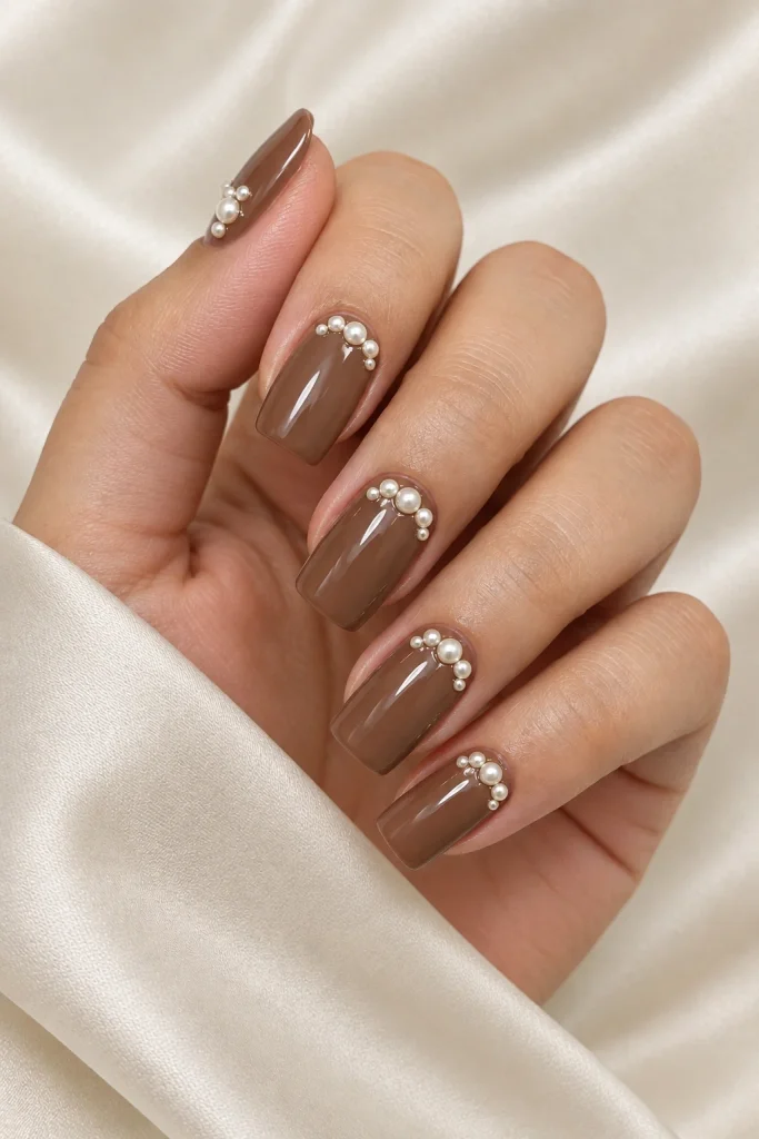 Cocoa square nails decorated with delicate pearl details