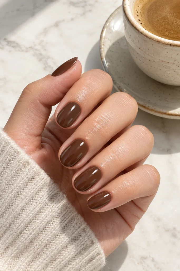 Short coffee brown nails with glossy glazed finish