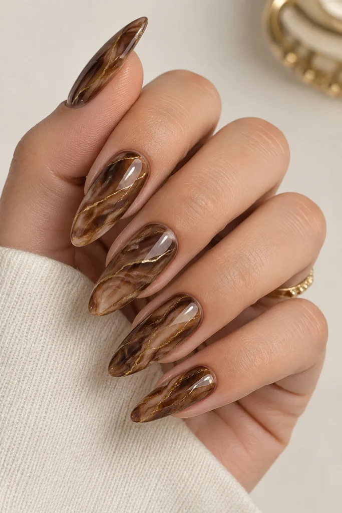 Coffee brown marble nails with delicate gold veining