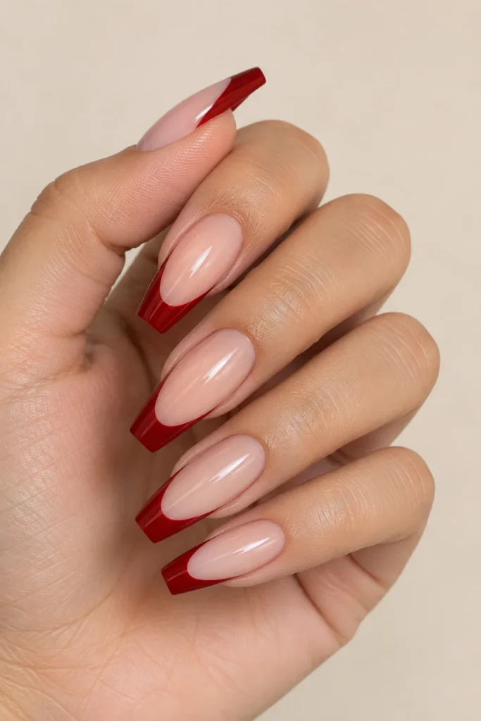 Coffin nails featuring deep colored French tip accents