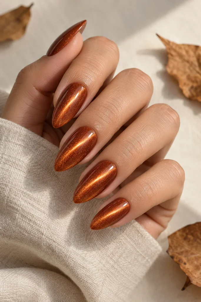 Copper cat eye shimmer on almond-shaped fall nails