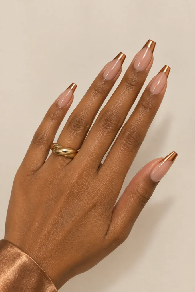 Copper chrome French tip nails for dark skin