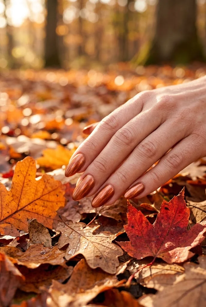 Copper metallic almond nails glowing on a hand resting among colorful fallen autumn leaves.