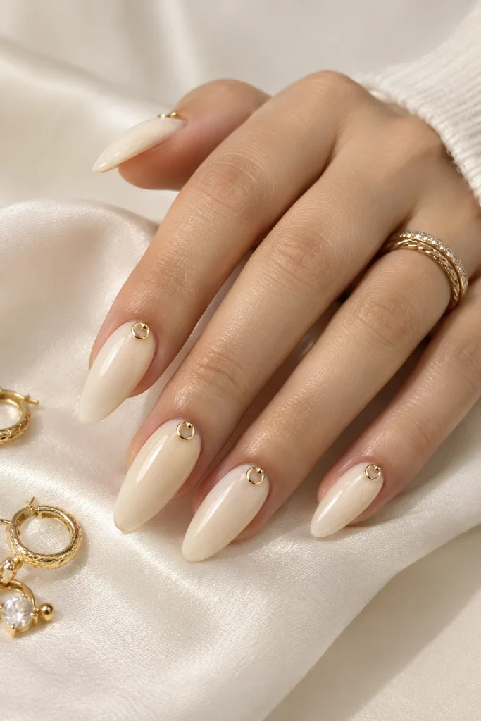 cream nails with tiny gold charms preppy design