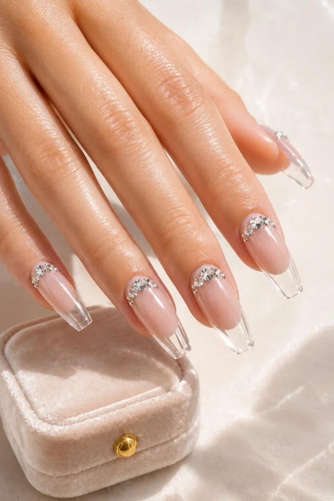 Crystal accented coffin wedding nails for brides