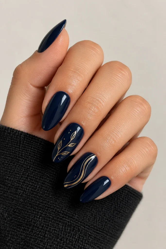 Dark blue nails with delicate gold line art
