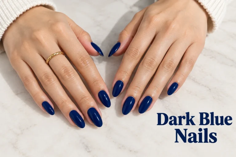 Dark blue nails featuring elegant glossy navy manicure designs