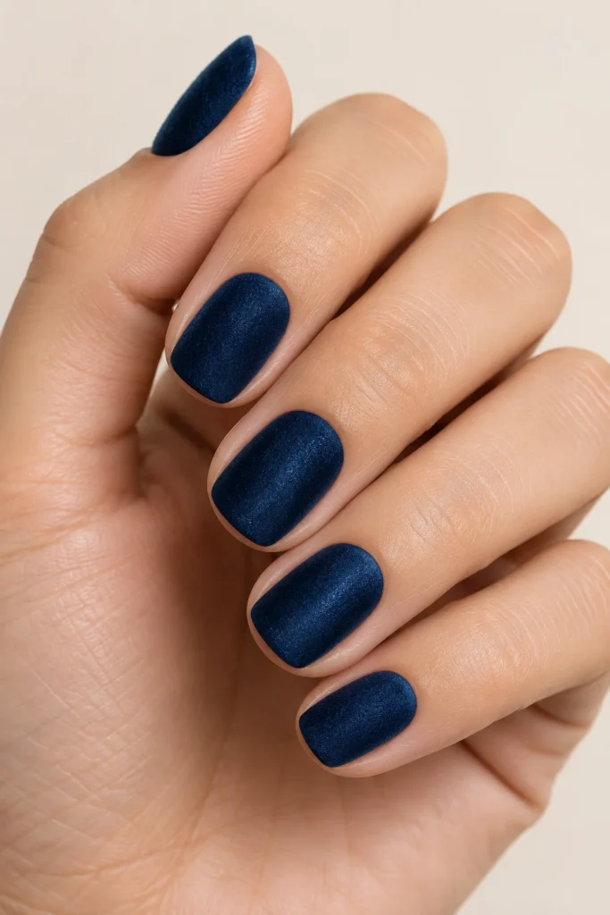 Dark blue velvet nails with a soft textured finish