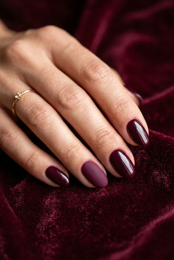 Deep berry glossy almond nails with one matte accent nail on burgundy velvet fabric.