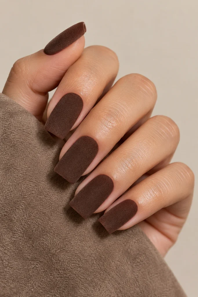 Deep brown velvet matte nails in medium coffin shape