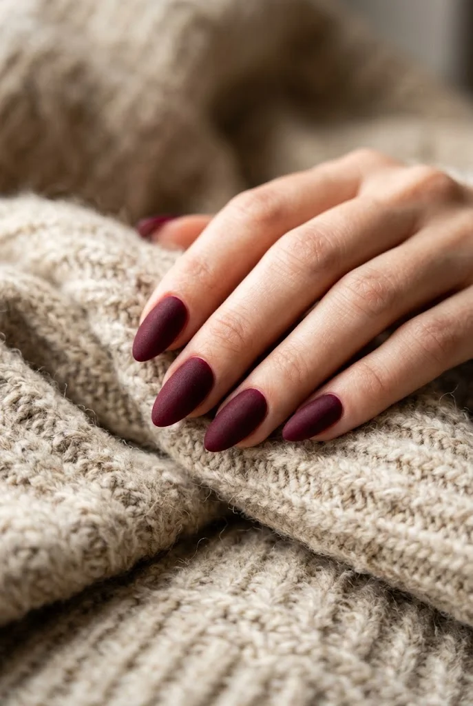 Matte deep burgundy velvet-finish almond nails resting on a chunky beige knit sweater.