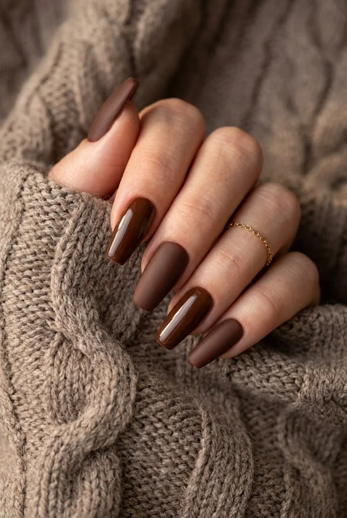 Long coffin nails in chestnut brown alternating matte and glossy finishes on taupe knit.