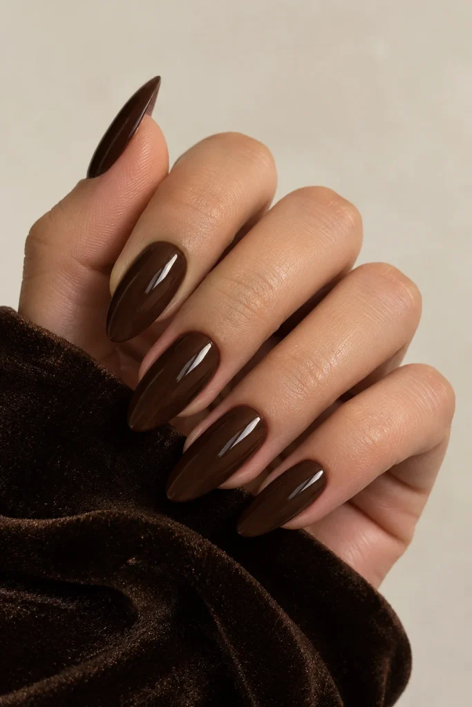 Deep espresso brown glossy almond shaped nails