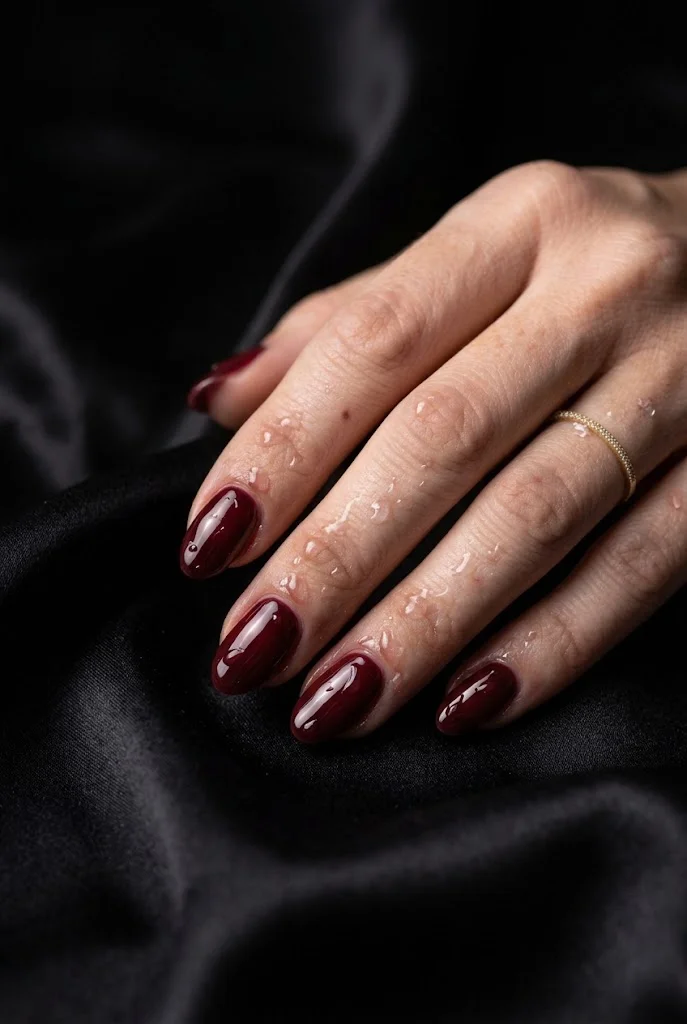 Glossy deep maroon almond nails with glass-like shine on black satin fabric.