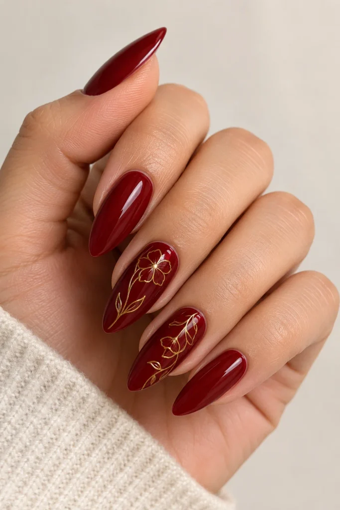 Deep red almond nails with delicate gold floral lines