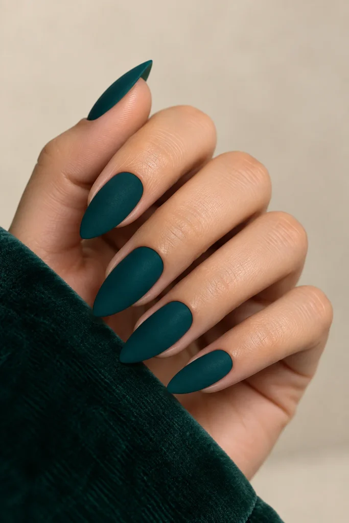 Deep teal almond nails with rich velvet matte finish