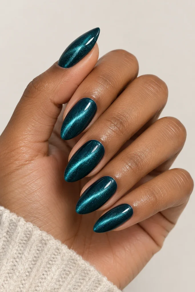 Deep teal cat eye fall nails for dark skin