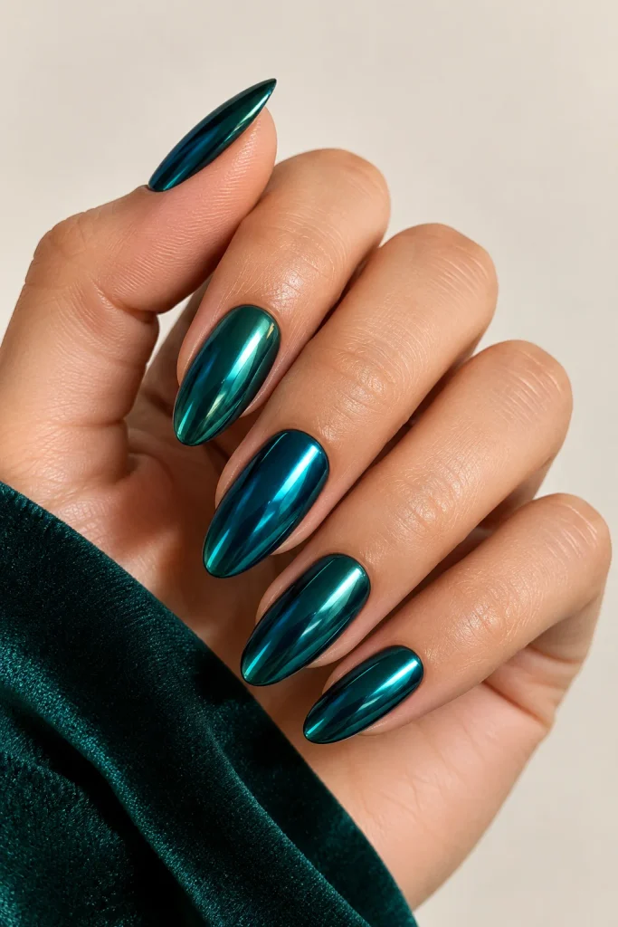 Deep teal chrome blue fall nails with glossy finish