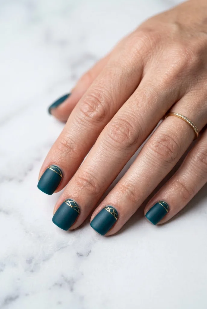Short matte deep teal nails with delicate gold line art near cuticles on marble.