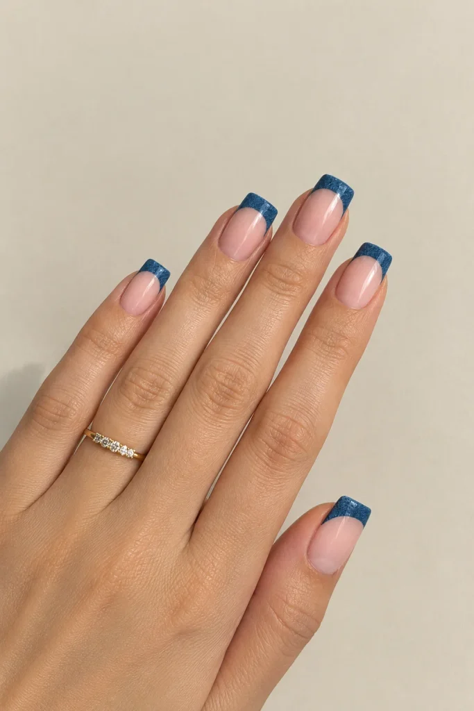 Denim blue French tip nails with sheer nude base