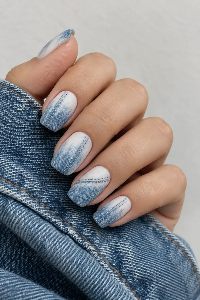 Denim-inspired blue nails with white stitching details