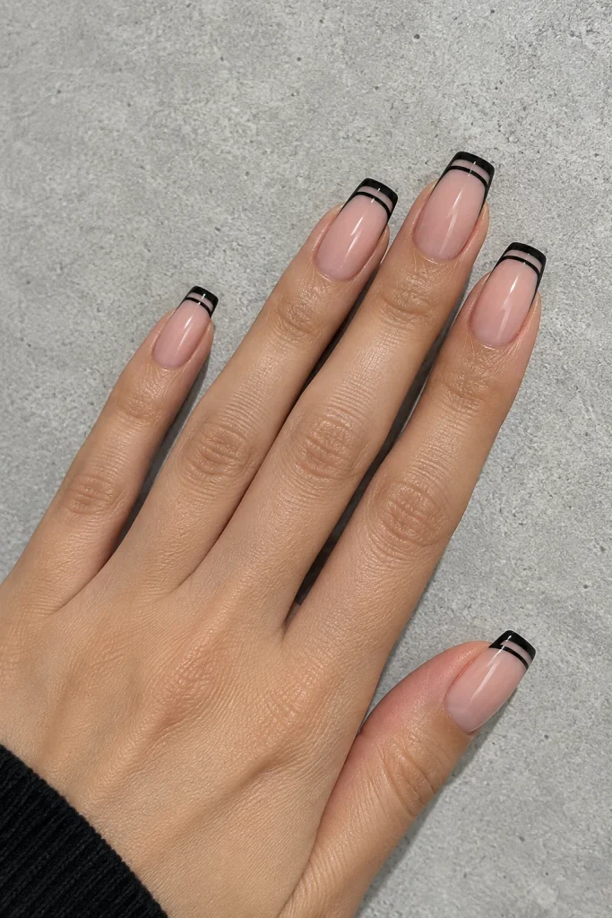Double black French tip lines on square nails