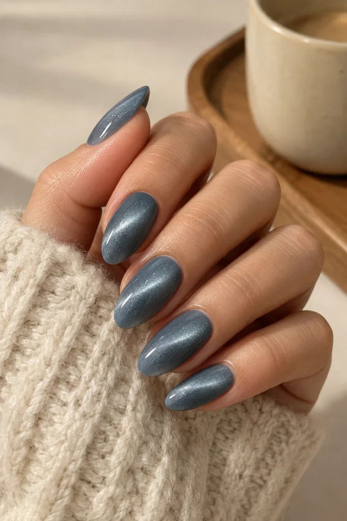 Dusty blue velvet cat-eye almond nails