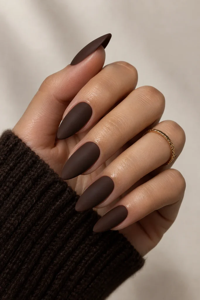 Espresso brown almond nails with sleek deep finish