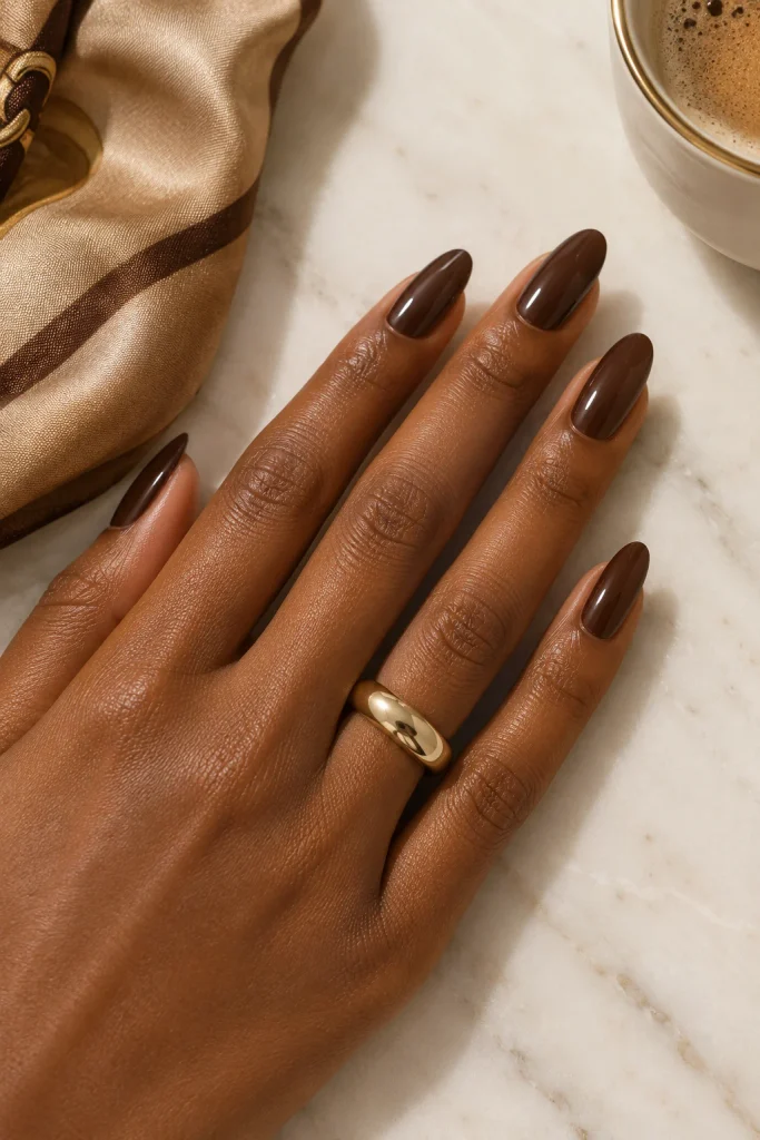 Espresso brown almond nails for dark skin