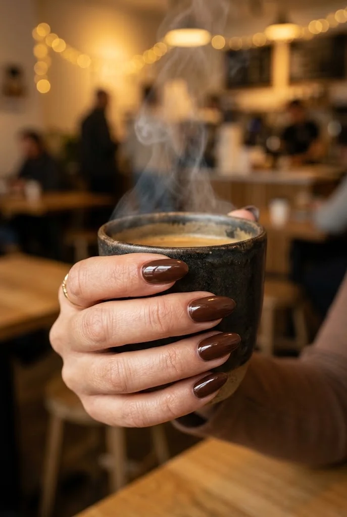 Hand holding steaming coffee cup, showing glossy espresso brown almond glazed nails in a café.