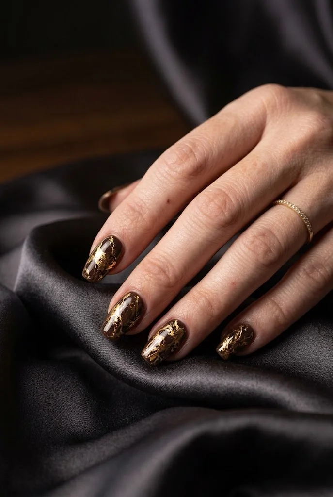 Espresso brown almond nails with swirled gold foil marble pattern on gray satin.