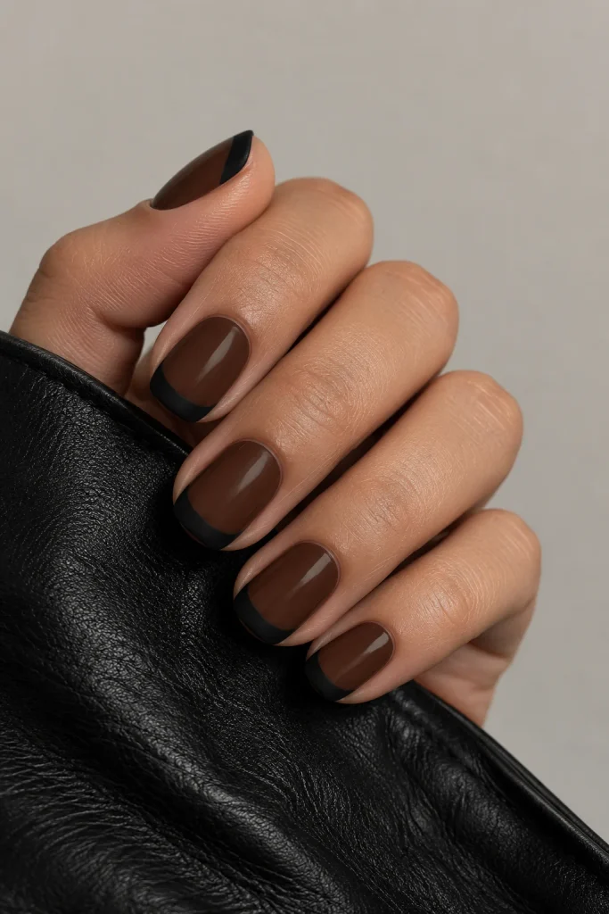 Short espresso brown nails with matte black tips