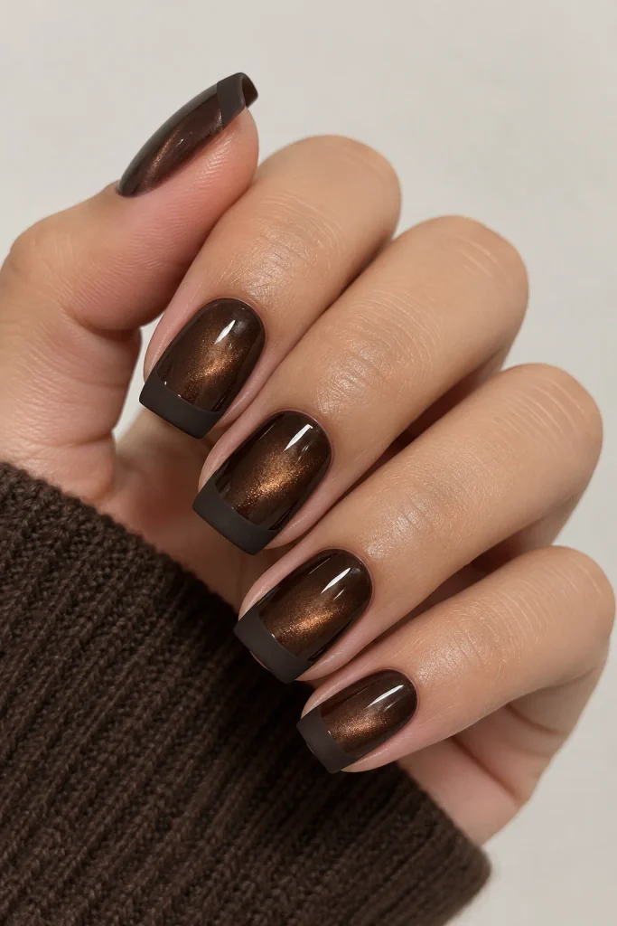 Espresso cat eye nails with matte brown tips