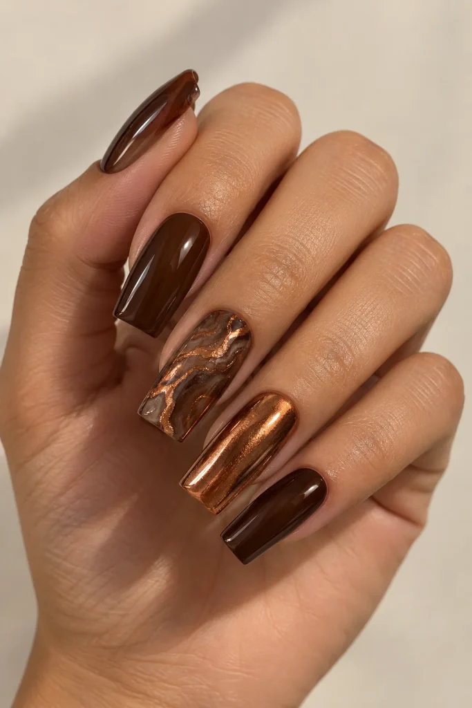 Espresso marble nails with metallic copper veining