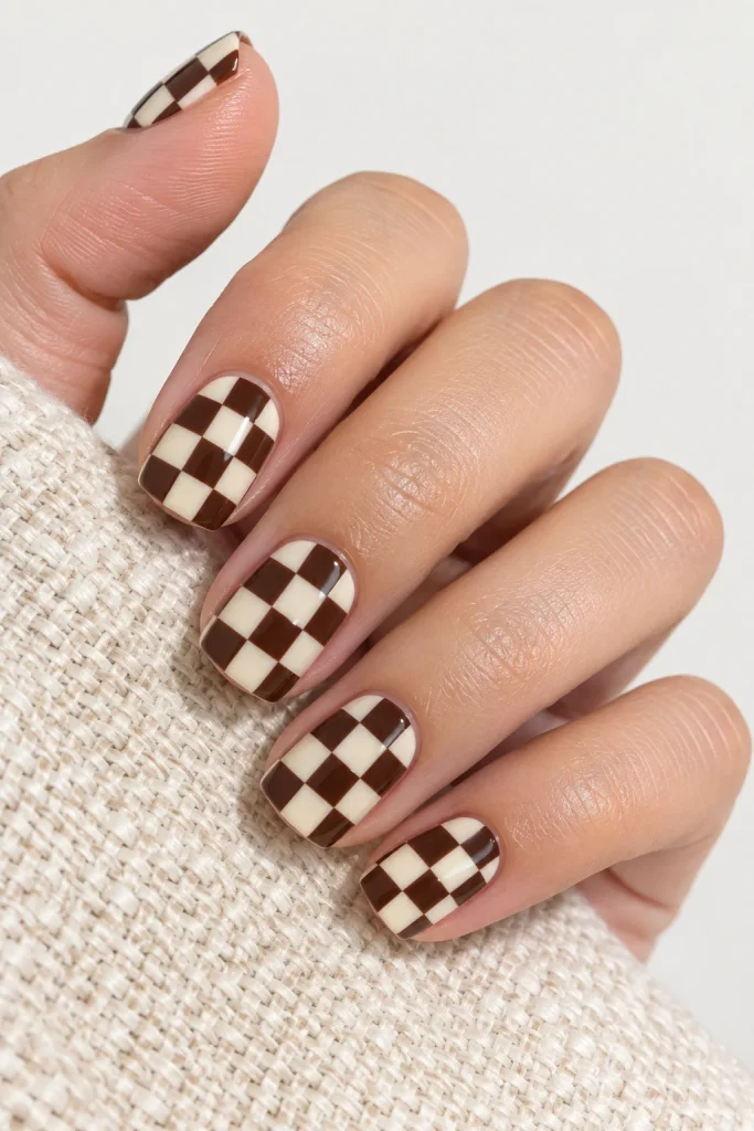 Espresso brown and cream checkerboard acrylic nails with glossy finish