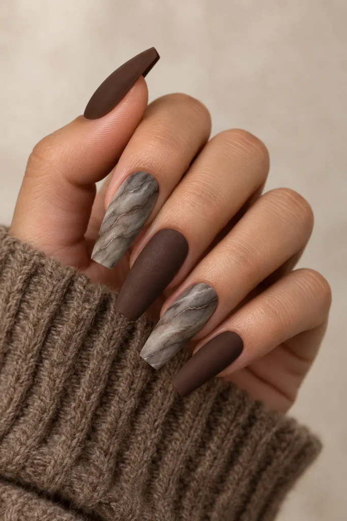 Espresso brown marble nails with smooth matte finish