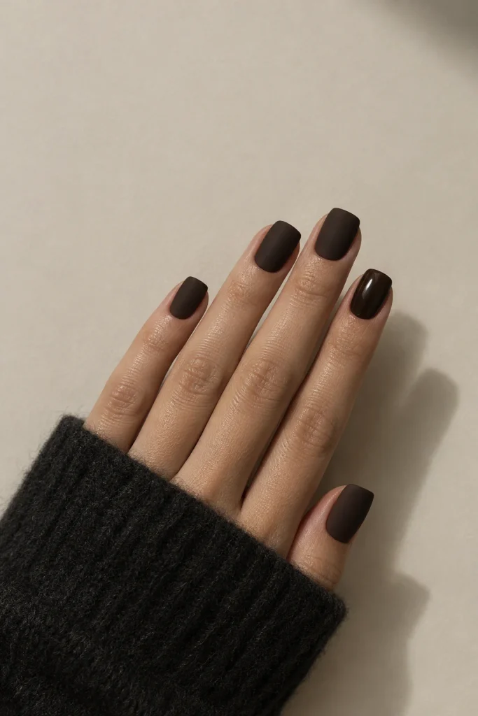 Minimalist dark espresso brown nails with a smooth matte finish
