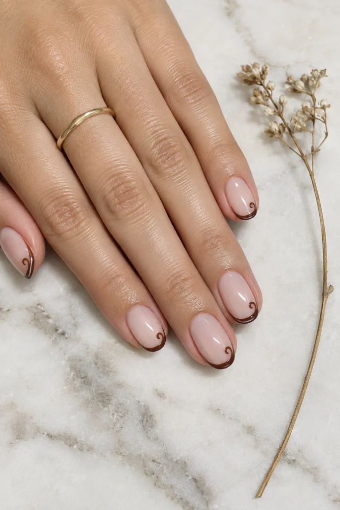 Espresso micro swirl French tips on sheer beige nails