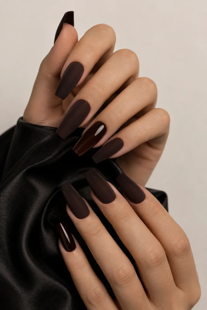 Espresso brown square nails with matte velvet finish