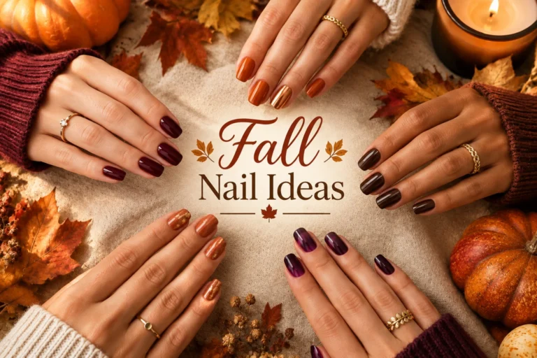 Four hands showing fall nail colors burgundy, orange, brown, and plum among pumpkins and leaves.