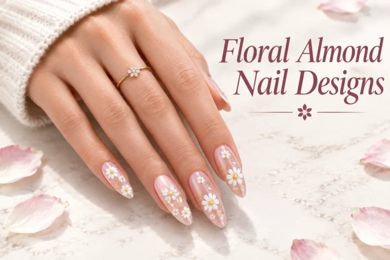 Floral almond nails featuring elegant mixed flower designs